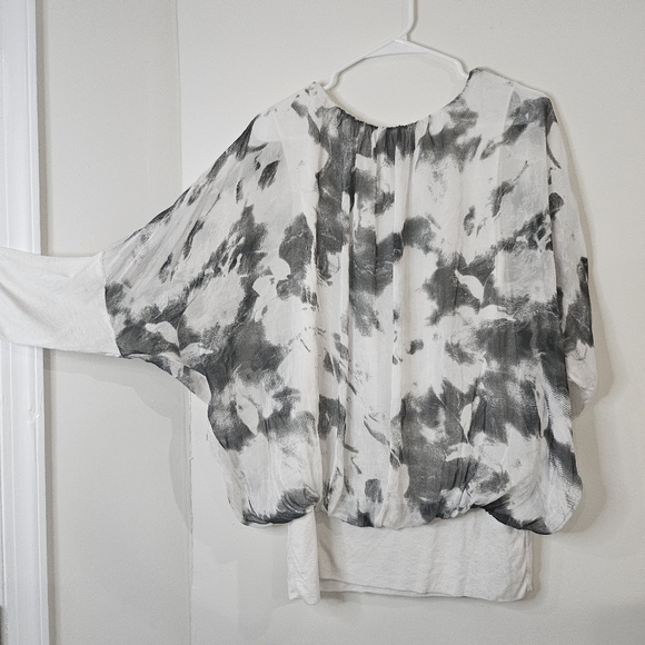 Giusy Flowy Grey White Tie-Dyeish Drop Shoulder Dolman Sleeve Silk Blouse Top L - Picture 4 of 6